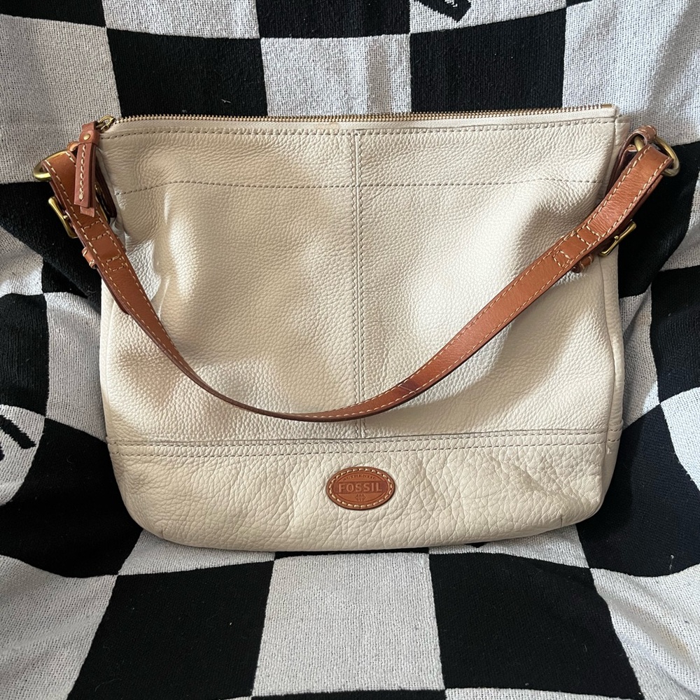 Fossil Cream and Brown Leather Shoulder Bag